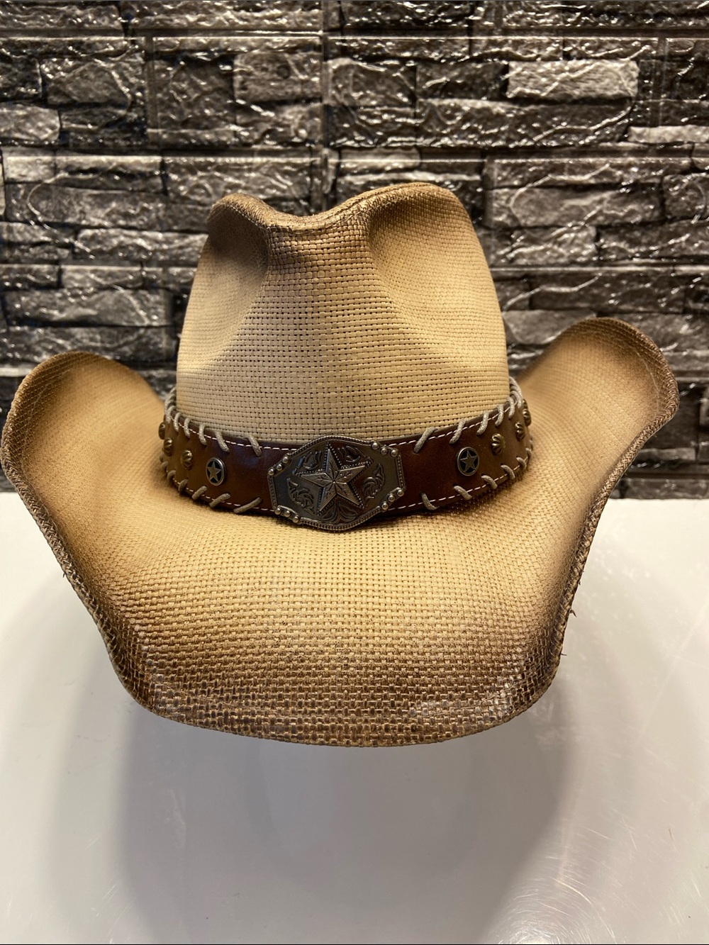 Milani Straw Cowboy Hat with Faux Leather Hat Band and Metal Embellishments